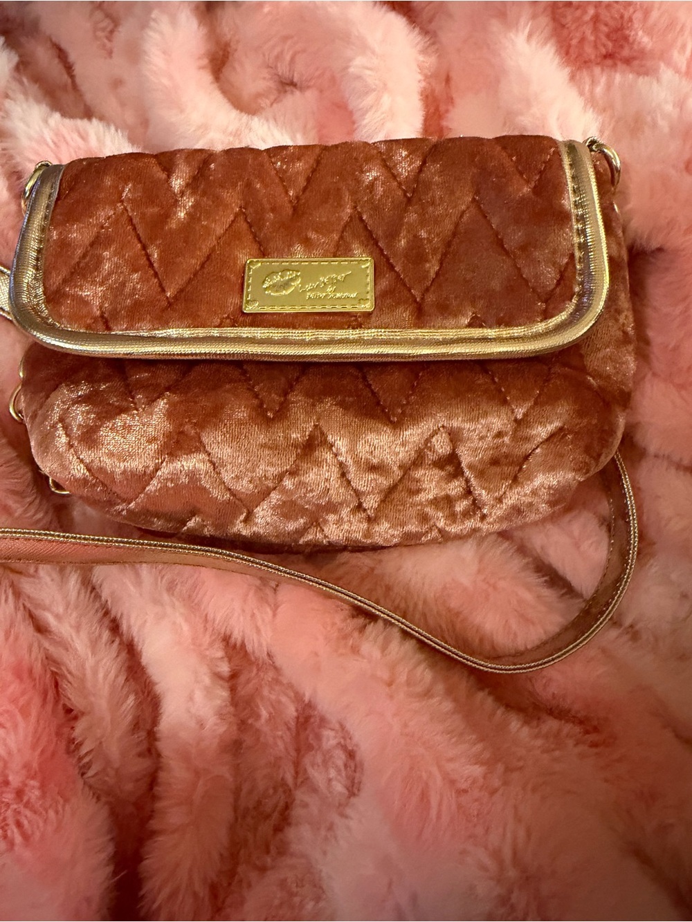 Quilted Velvet Crossbody Bag in Rust with Gold Trim